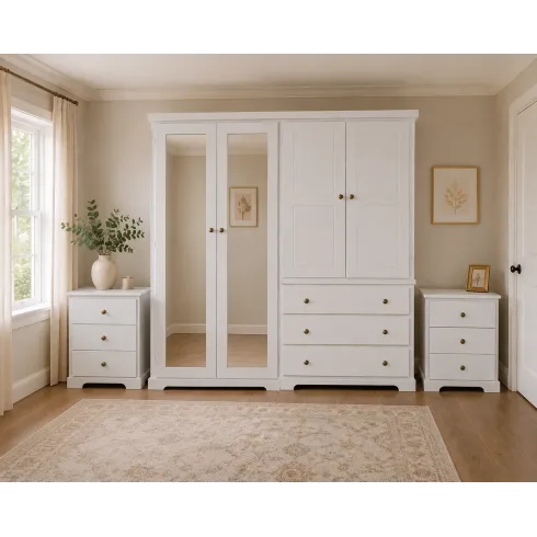 Handmade in England Baltic Solid Pine Quad Double Mirrored 3 Piece Bedroom Set in White Handmade in England Baltic Solid Pine Quad Double Mirrored 3 Piece Bedroom Set in White