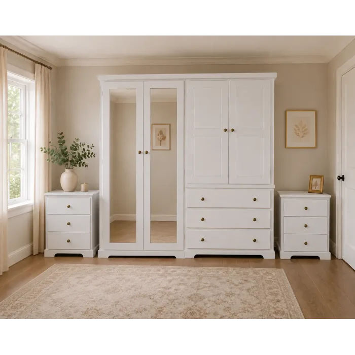 Solid Pine Quad Double Mirrored 3 Piece Bedroom Furniture Set - Baltic White | Handmade in England