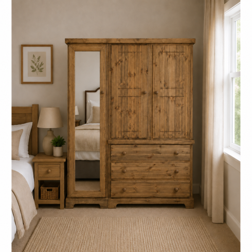 BALTIC SOLID PINE 3 DRAWER TRIPLE FULL MIRRORED WARDROBE IN LIGHT ANTIQUE WAX