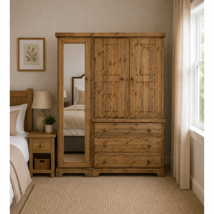 BALTIC SOLID PINE 3 DRAWER TRIPLE FULL MIRRORED WARDROBE IN LIGHT ANTIQUE WAX BALTIC SOLID PINE 3 DRAWER TRIPLE FULL MIRRORED WARDROBE IN LIGHT ANTIQUE WAX