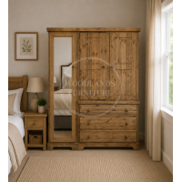 BALTIC SOLID PINE 3 DRAWER TRIPLE FULL MIRRORED WARDROBE IN LIGHT ANTIQUE WAX
