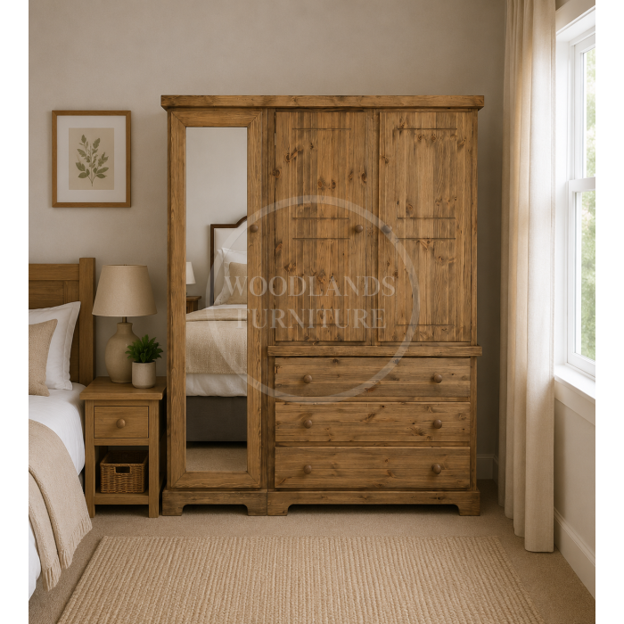 BALTIC SOLID PINE 3 DRAWER TRIPLE FULL MIRRORED WARDROBE IN LIGHT ANTIQUE WAX