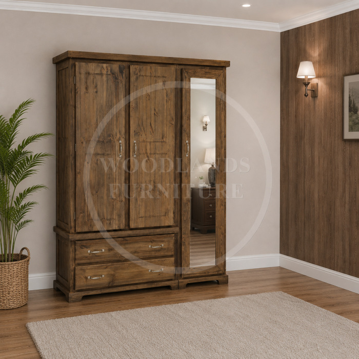 BALTIC SOLID PINE TRIPLE FULL MIRRORED SHELVED WARDROBE IN OLD ANTIQUE WAX