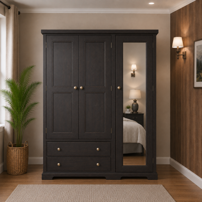 Handmade in England Baltic Solid Pine Triple Full Mirrored Wardrobe in Dark Oak Polished