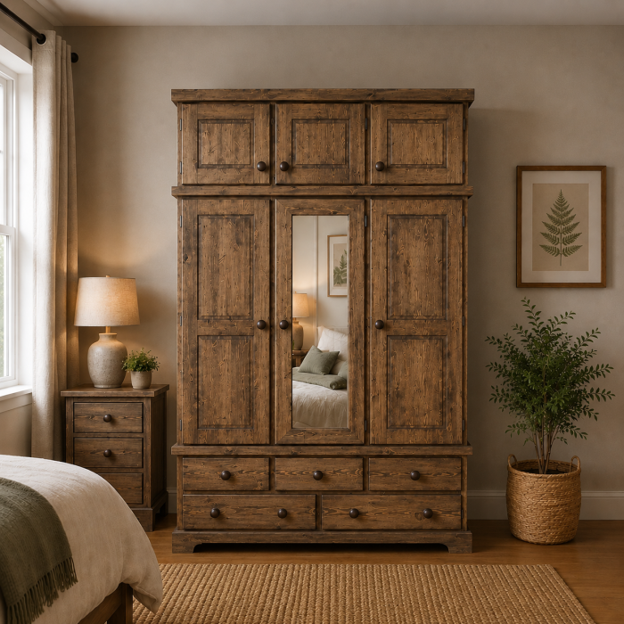 Handmade in England Baltic Solid Pine 5 Drawer Mirrored Triple Wardrobe with Topbox in Kenilworth Oak Wax