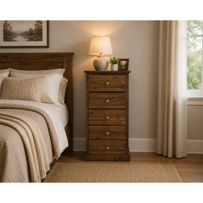 Handmade in England Cambridge Solid Pine 5 Drawer Bedside Cabinet in Medium Oak Wax - Fully Assembled