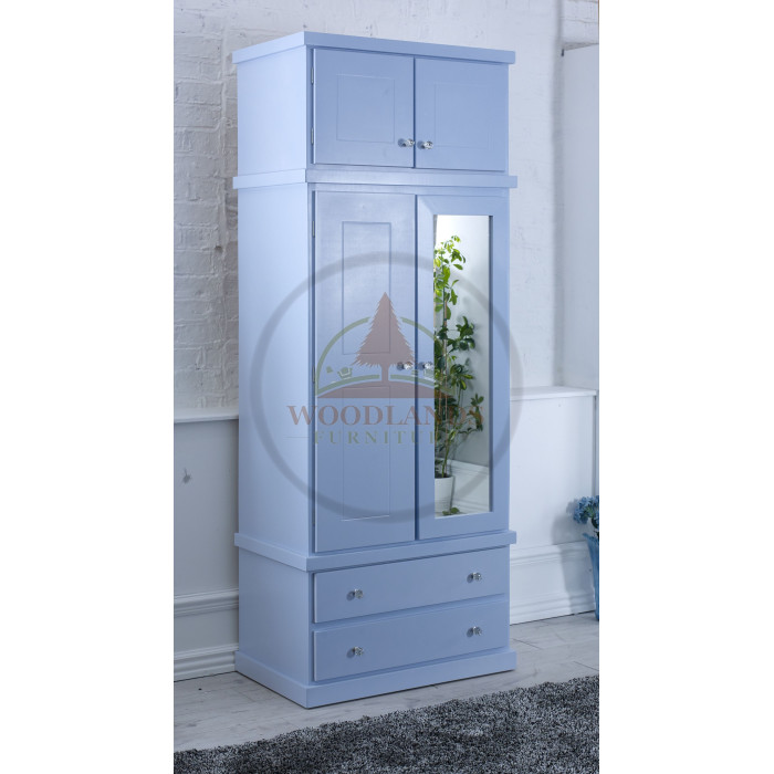 CAMBRIDGE 2 DRAWER MIRRORED WARDROBE WITH TOPBOX IN SKY BLUE CAMBRIDGE 2 DRAWER MIRRORED WARDROBE WITH TOPBOX IN SKY BLUE