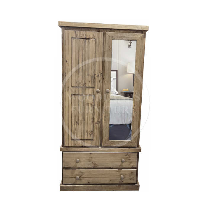 CAMBRIDGE GENTS SOLID PINE 2 DRAWER MIRRORED WARDROBE IN LIGHT ANTIQUE