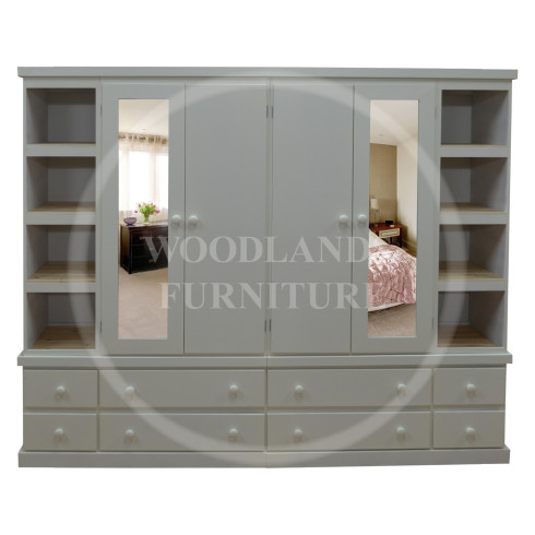 CAMBRIDGE 8 DRAWER MIRRORED OPEN SHELVED WARDROBE IN WHITE