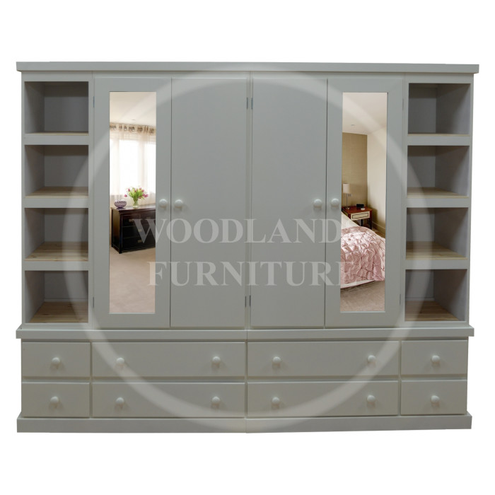 CAMBRIDGE 8 DRAWER MIRRORED OPEN SHELVED WARDROBE IN WHITE CAMBRIDGE 8 DRAWER MIRRORED OPEN SHELVED WARDROBE IN WHITE