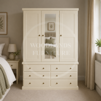 CAMBRIDGE TRIPLE MIRRORED 6 DRAWER SHELVED WARDROBE IN IVORY CAMBRIDGE TRIPLE MIRRORED 6 DRAWER SHELVED WARDROBE IN IVORY