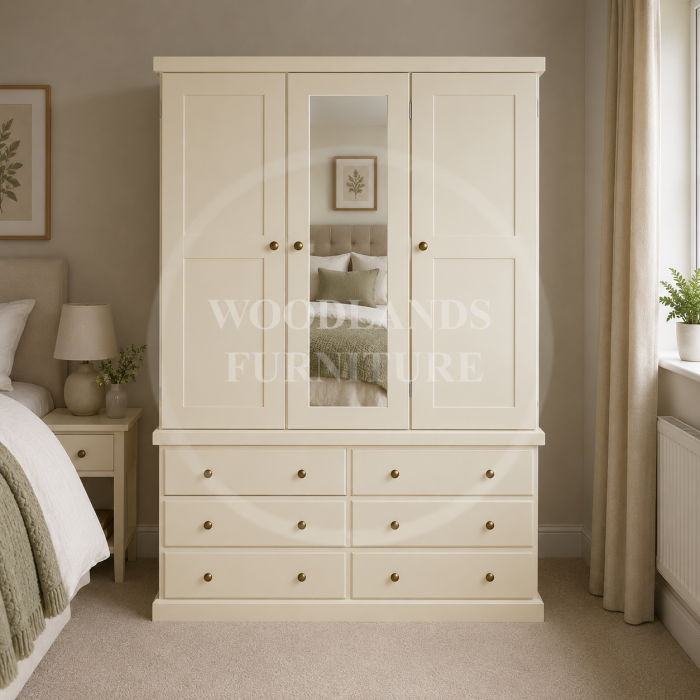 CAMBRIDGE TRIPLE MIRRORED 6 DRAWER SHELVED WARDROBE IN IVORY CAMBRIDGE TRIPLE MIRRORED 6 DRAWER SHELVED WARDROBE IN IVORY