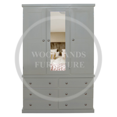 CAMBRIDGE TRIPLE MIRRORED 6 DRAWER SHELVED WARDROBE IN IVORY 