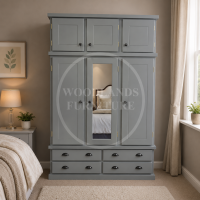 CAMBRIDGE TRIPLE 4 DRAWER MIRRORED SHELVED WARDROBE WITH TOPBOX IN GREY 