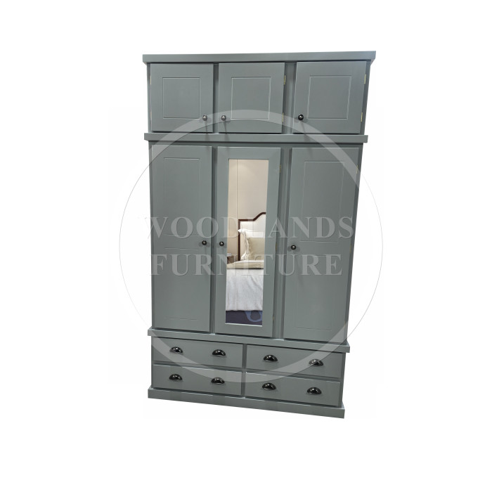 CAMBRIDGE TRIPLE 4 DRAWER MIRRORED SHELVED WARDROBE WITH TOPBOX IN GREY 