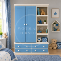 CAMBRIDGE TRIPLE 4 DRAWER WARDROBE WITH BOOKCASE IN BLUE