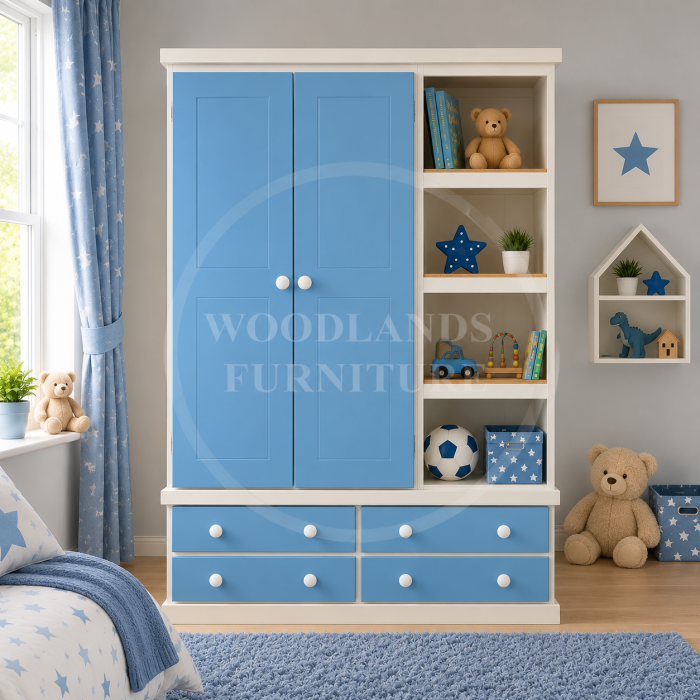 CAMBRIDGE TRIPLE 4 DRAWER WARDROBE WITH BOOKCASE IN BLUE CAMBRIDGE TRIPLE 4 DRAWER WARDROBE WITH BOOKCASE IN BLUE