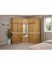 CORNER 5 DOOR MIRRORED SOLID PINE WARDROBE WITH TOPBOX IN LIGHT OAK POLISHED