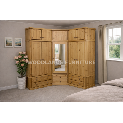 Corner 5 Door Mirrored Solid Pine Wardrobe With Topbox In Light Oak Polished
