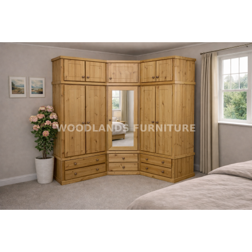 CORNER 5 DOOR MIRRORED SOLID PINE WARDROBE WITH TOPBOX IN LIGHT OAK POLISHED