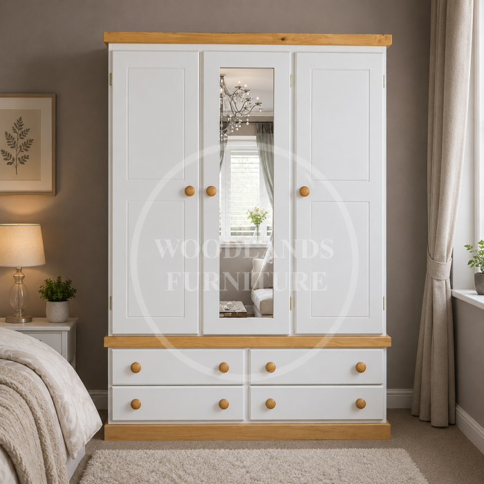 CAMBRIDGE COUNTRY TRIPLE 4 DRAWER MIRRORED WARDROBE IN WHITE CAMBRIDGE COUNTRY TRIPLE 4 DRAWER MIRRORED WARDROBE IN WHITE