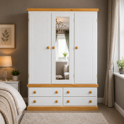 Cambridge Country Triple 4 Drawer Mirrored Wardrobe In White