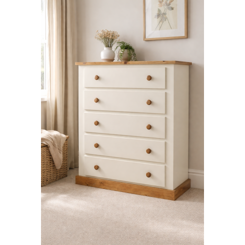 Handmade in England Country 5 Drawer Chest of Drawers in Ivory - Fully Assembled Handmade in England Country 5 Drawer Chest of Drawers in Ivory - Fully Assembled