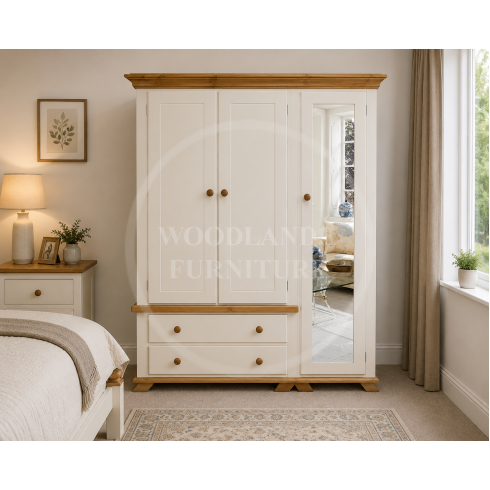 COUNTRY CROWN TRIPLE FULL MIRRORED SHELVED WARDROBE IN IVORY 