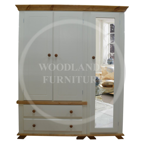 COUNTRY CROWN TRIPLE FULL MIRRORED SHELVED WARDROBE IN IVORY 