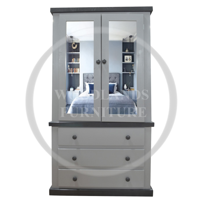 COUNTRY SOLID PINE 3 DRAWER DOUBLE MIRRORED WARDROBE IN GREY