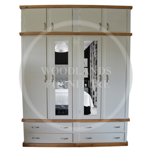 COUNTRY 4 DOOR 4 DRAWER DOUBLE MIRRORED WARDROBE WITH TOPBOX IN IVORY