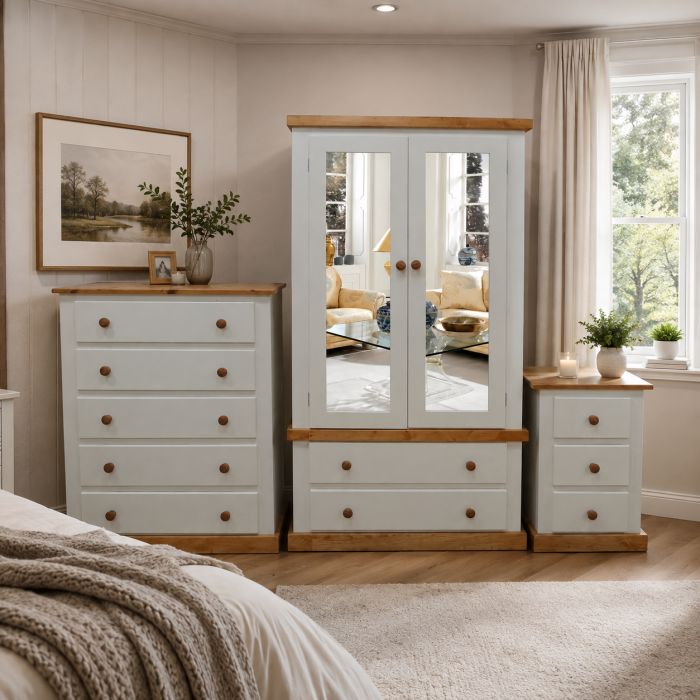 Handmade in England Country 3 Piece Double Mirrored Bedroom Set - 5 Drawer Chest in Ivory