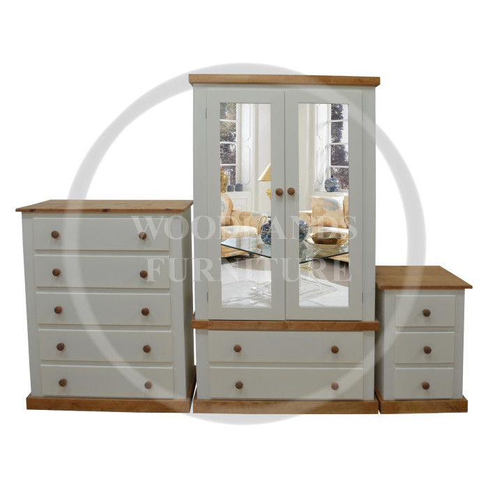 COUNTRY 3 PIECE DOUBLE MIRRORED BEDROOM SET - 5 DRAWER CHEST IN IVORY 
