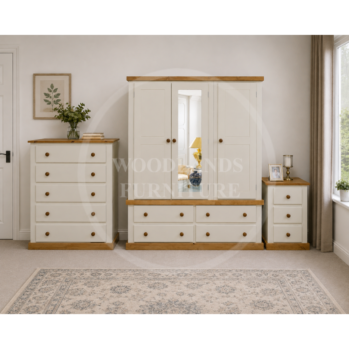 COUNTRY 3 PIECE TRIPLE MIRRORED BEDROOM SET - CENTRE MIRRORED IN IVORY