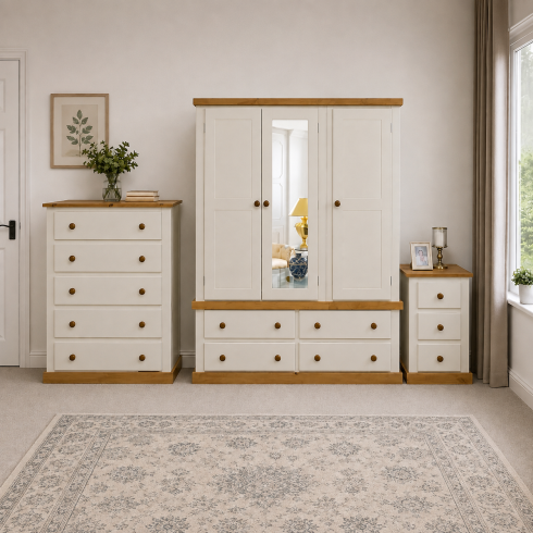 Handmade in England Country 3 Piece Triple Mirrored Bedroom Set - Centre Mirrored in Ivory
