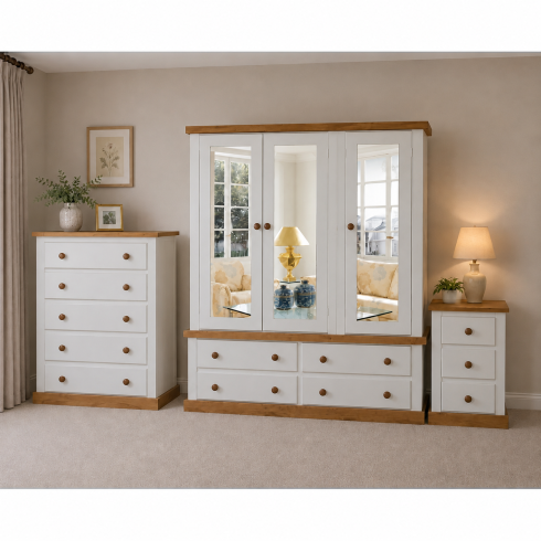 Handmade in England Country 3 Piece Triple Mirrored Bedroom Set - All Doors Mirrored in Ivory