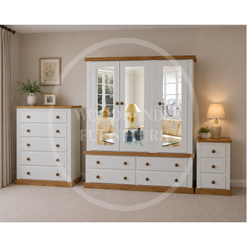 COUNTRY 3 PIECE TRIPLE MIRRORED BEDROOM SET - ALL DOORS MIRRORED IN IVORY