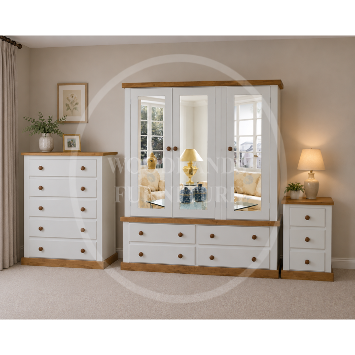 COUNTRY 3 PIECE TRIPLE MIRRORED BEDROOM SET - ALL DOORS MIRRORED IN IVORY COUNTRY 3 PIECE TRIPLE MIRRORED BEDROOM SET - ALL DOORS MIRRORED IN IVORY