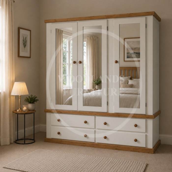 COUNTRY TRIPLE 4 DRAWER MIRRORED WARDROBE-ALL DOORS MIRRORED IN IVORY