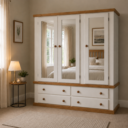 Handmade in England Country Triple 4 Drawer Mirrored Wardrobe-All Doors Mirrored in Ivory