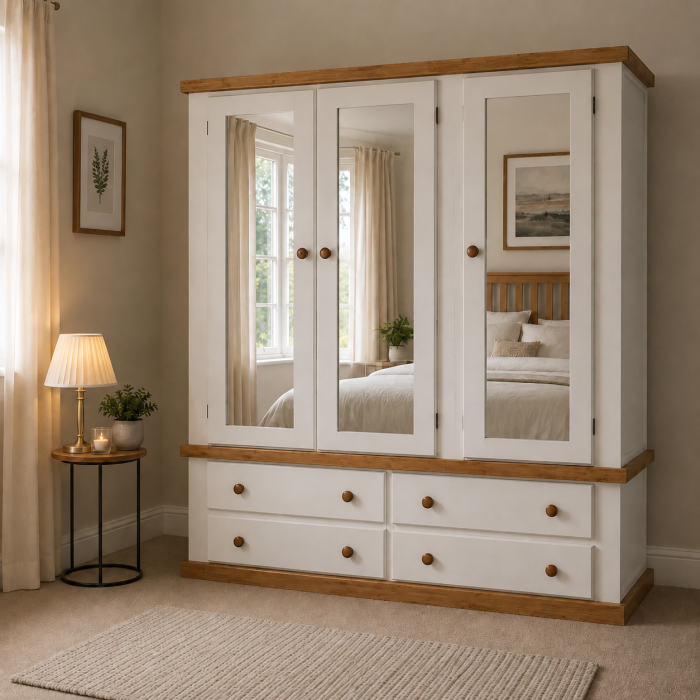 3 Door 4 Drawer Mirrored Wardrobe-All Doors Mirrored - Country Ivory | Handmade in England