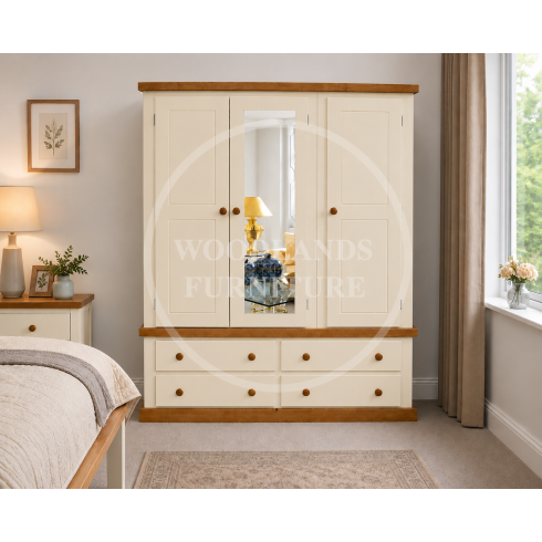 COUNTRY TRIPLE 4 DRAWER MIRRORED WARDROBE IN IVORY