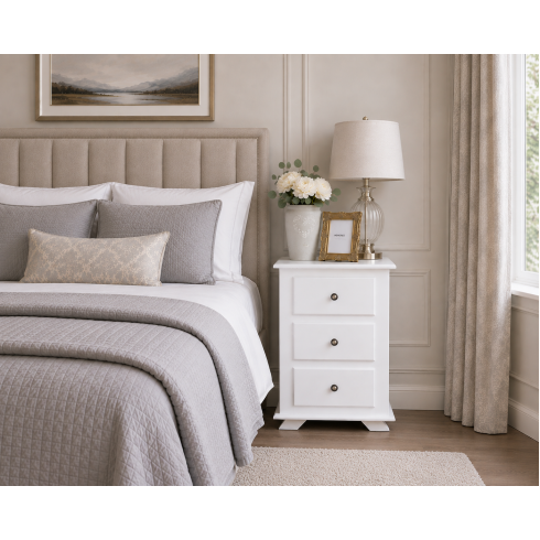 Handmade in England Crown 3 Drawer Bedside Cabinet in White - Fully Assembled Handmade in England Crown 3 Drawer Bedside Cabinet in White - Fully Assembled