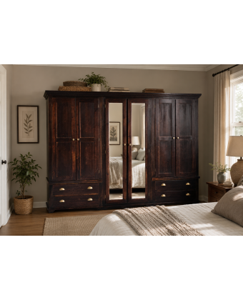 Handmade in England Crown Solid Pine 6 Door 4 Drawer Double Mirrored Shelved Wardrobe in Dark Oak