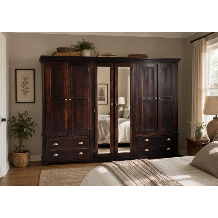 Handmade in England Crown Solid Pine 6 Door 4 Drawer Double Mirrored Shelved Wardrobe in Dark Oak