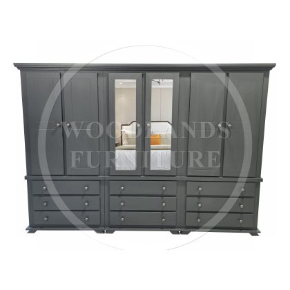 Crown 6 Door 9 Drawer Double Mirrored Wardrobe In Dark Grey