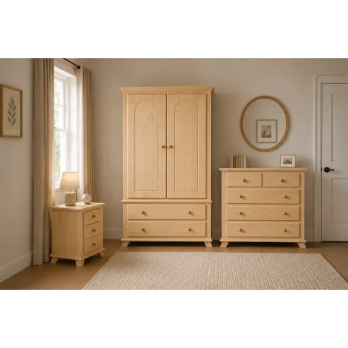 Handmade in England Crown Solid Pine 3 Piece Bedroom Set in Natural Polished