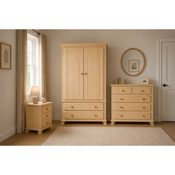 Handmade in England Crown Solid Pine 3 Piece Bedroom Set in Natural Polished