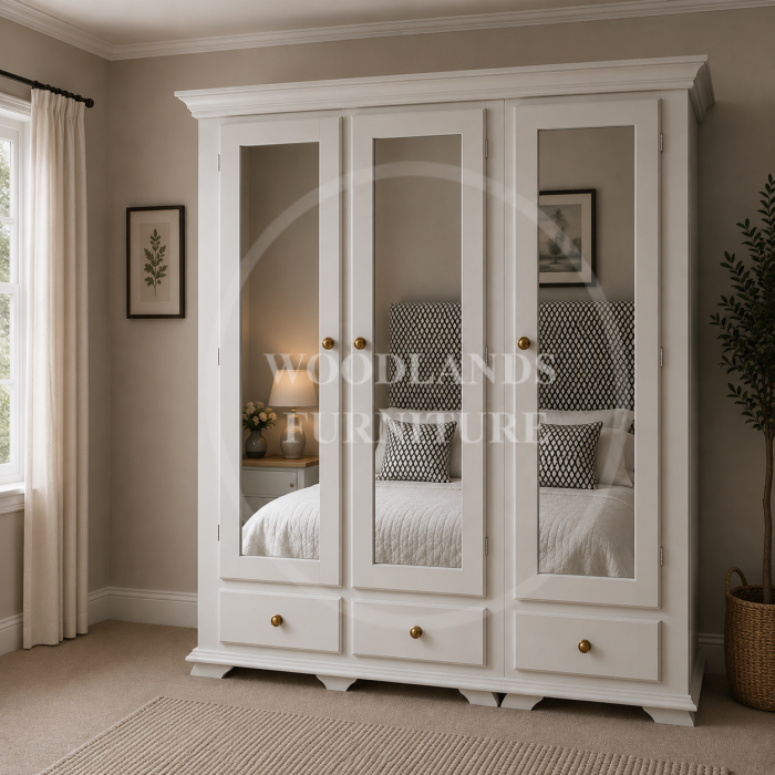 CROWN TRIPLE 3 DRAWER MIRRORED SHELVED WARDROBE IN WHITE CROWN TRIPLE 3 DRAWER MIRRORED SHELVED WARDROBE IN WHITE