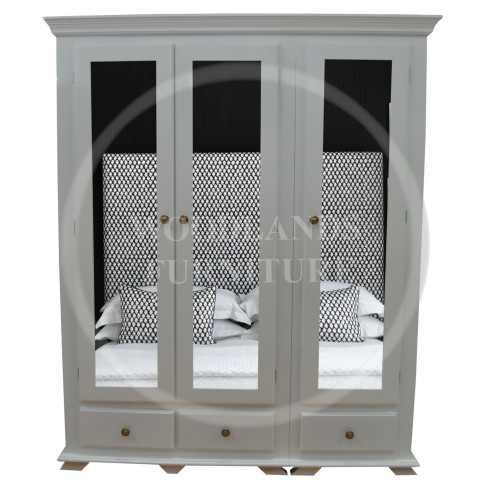 CROWN TRIPLE 3 DRAWER MIRRORED SHELVED WARDROBE IN WHITE